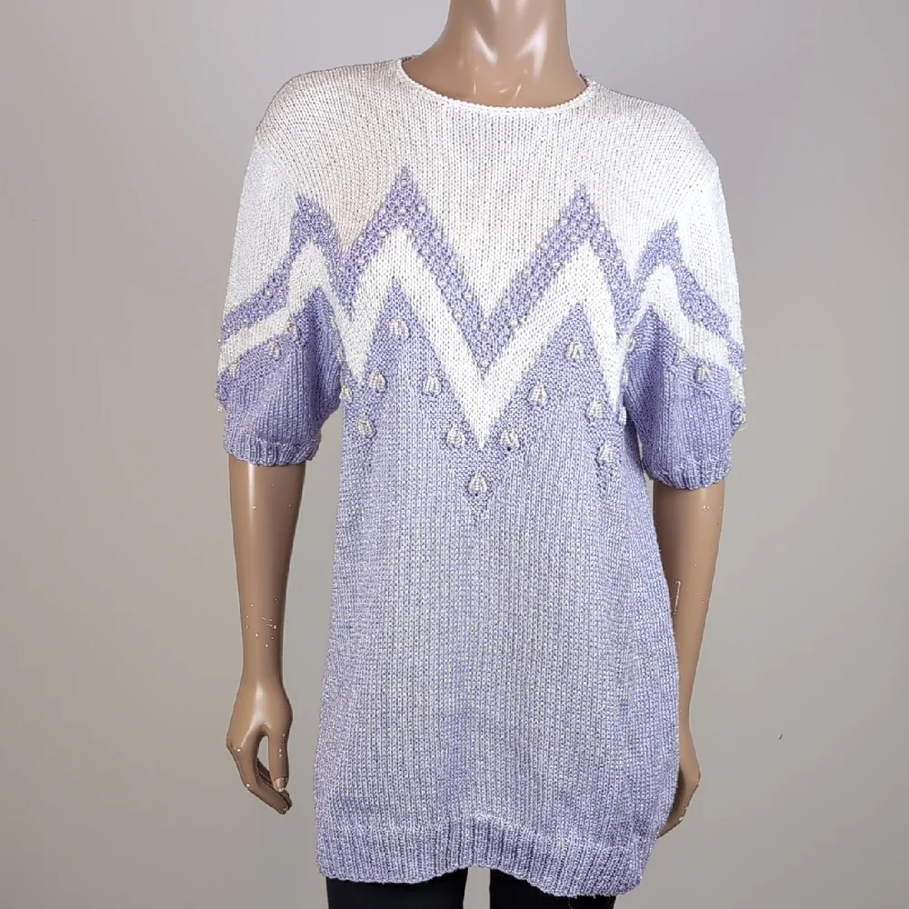 Vintage 90s Magnolia Sweater Pearl Beaded Chevron Tunic Knit Pullover Keyhole